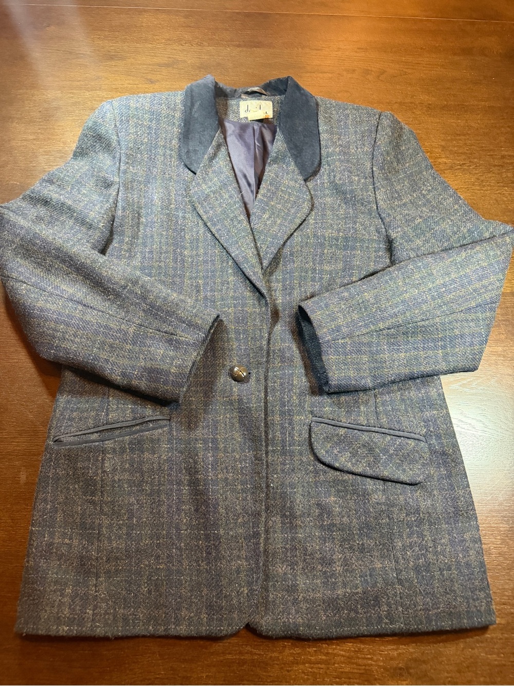 Vintage David N. 100% Wool Blazer Women's 12 Plaid Suede Collar Equestrian